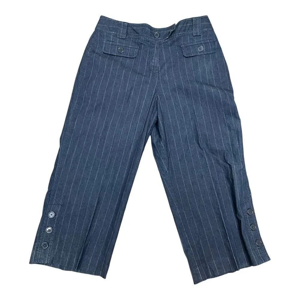 NWT Larry Levine Dark Navy Striped Stretch Pinstripe Cropped Pants Size 8